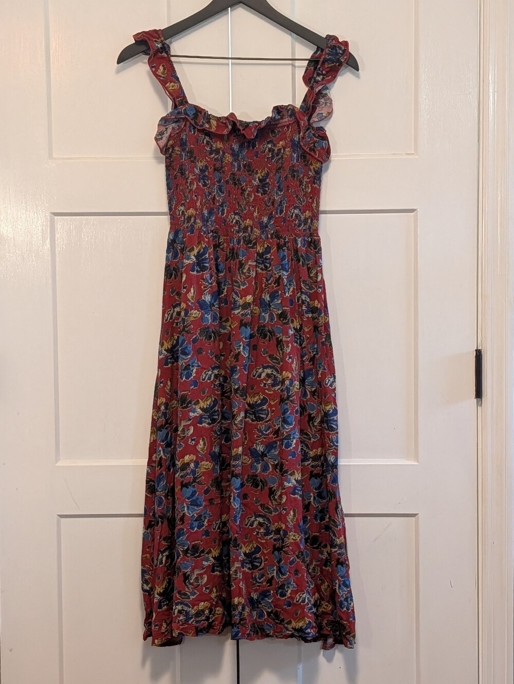 NATURAL LIFE Red Floral Midi Dress with Blue & Green Accents